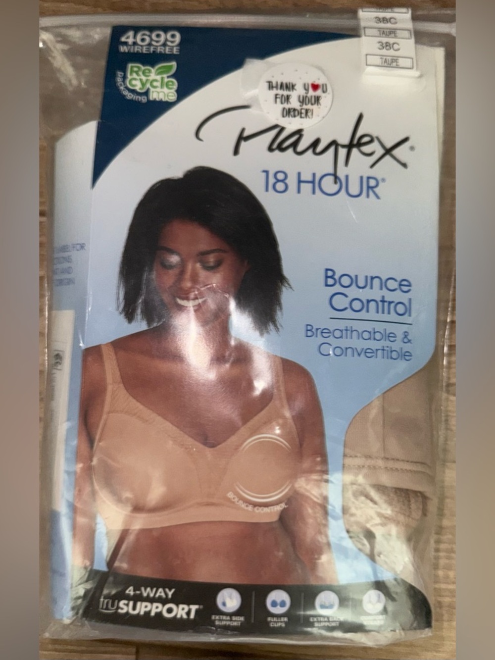 NWT Playtex 18 Hour Bounce Control Wirefree Bra 38C Taupe US4699 Full Coverage